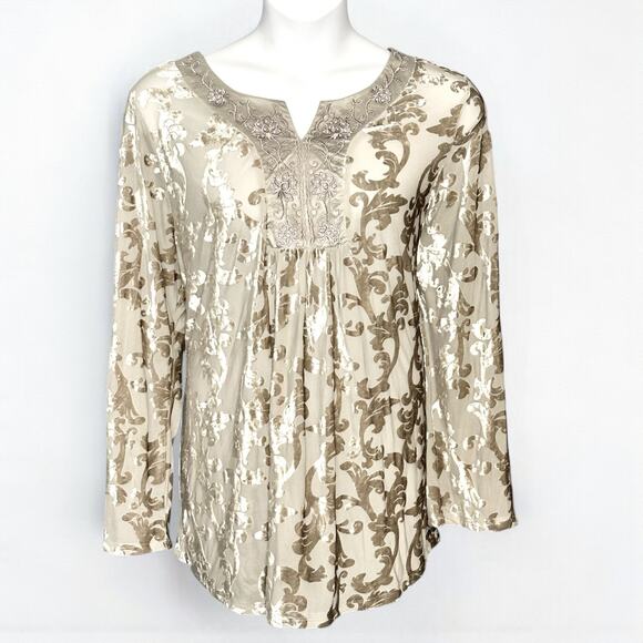 Indigo Soul Burnout Velvet Tunic Top Plus 3XL NWT Champagne Gray Boho Party Glam - Picture 1 of 9